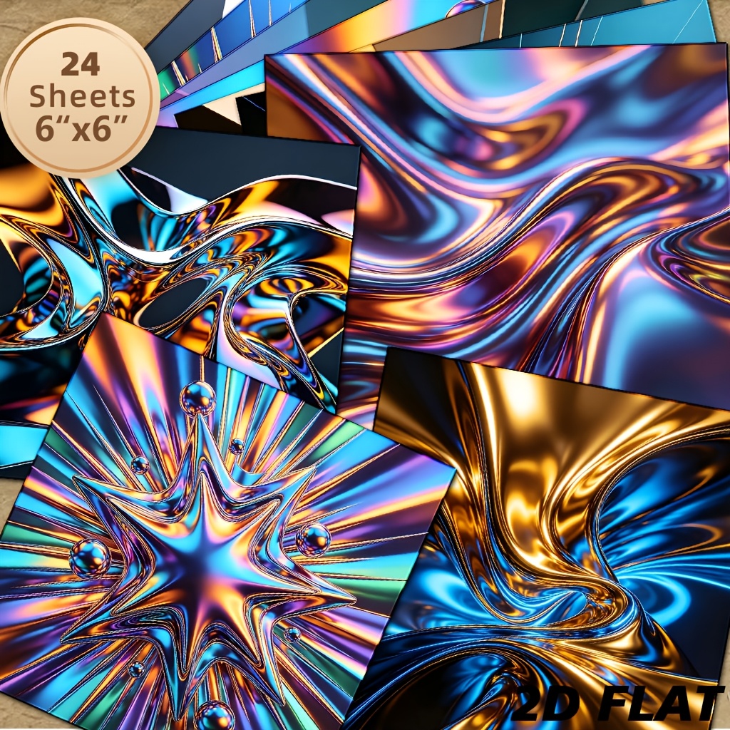 TEMU 24 feuilles 6X6 Papier décoratif holographique réfléchissant Cyber Fluid Imprimante plate métallique simulé, Collage , Décoration d'ornement de