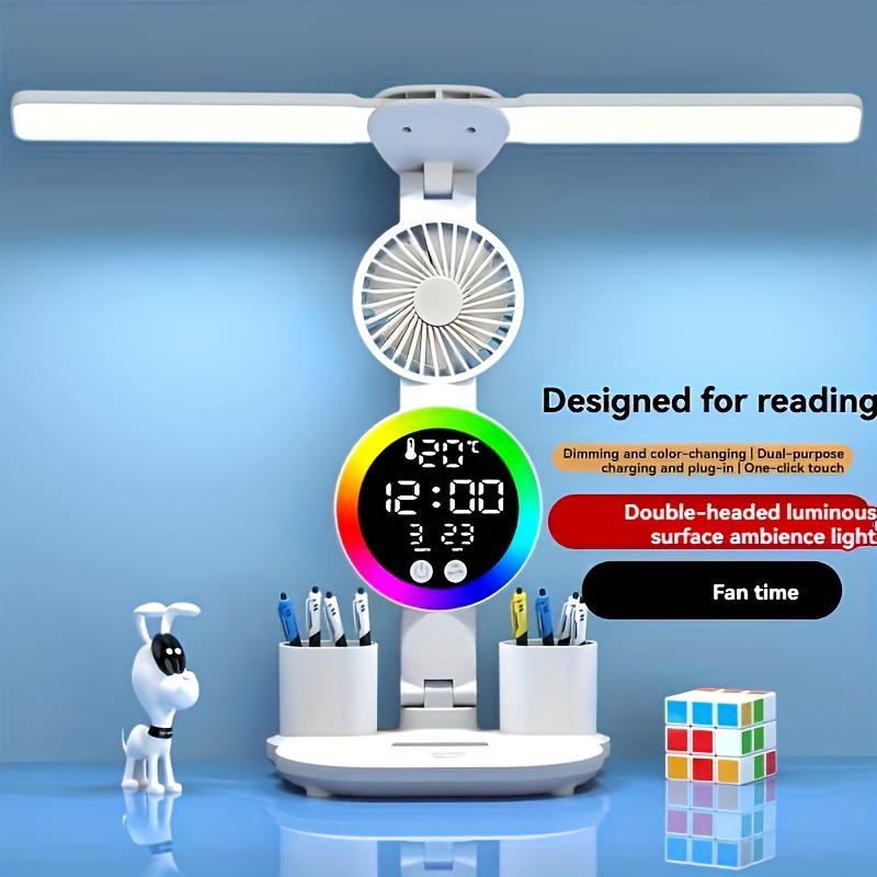 

Touch-controlled Multifunctional Led Desk Lamp With Built-in Fan, Flexible Table Light For Indoor Reading & Study, Fan & Temperature Display, Pvc Body, Pc Shade, - No Battery Included