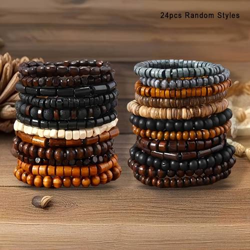 24 piezas/juego de pulseras retro modernas de varios niveles para hombre, pulsera de hilo elástico con cuentas de madera (estilos aleatorios 24 piezas)