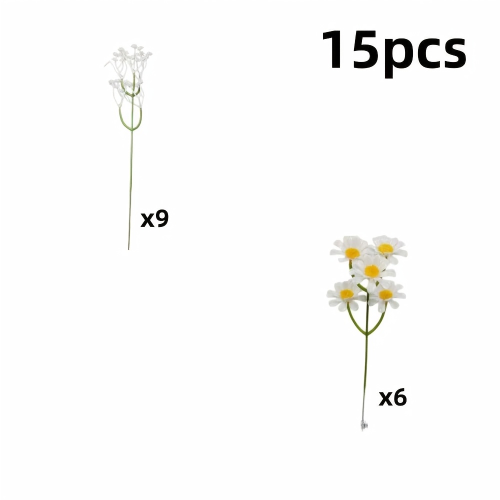TEMU 15pcs Mixed Artificial Flower Bouquet Set, 6pcs White Chamomile Daisies And 9pcs Artificial 's Breath, Realistic Faux Flowers For Vase
