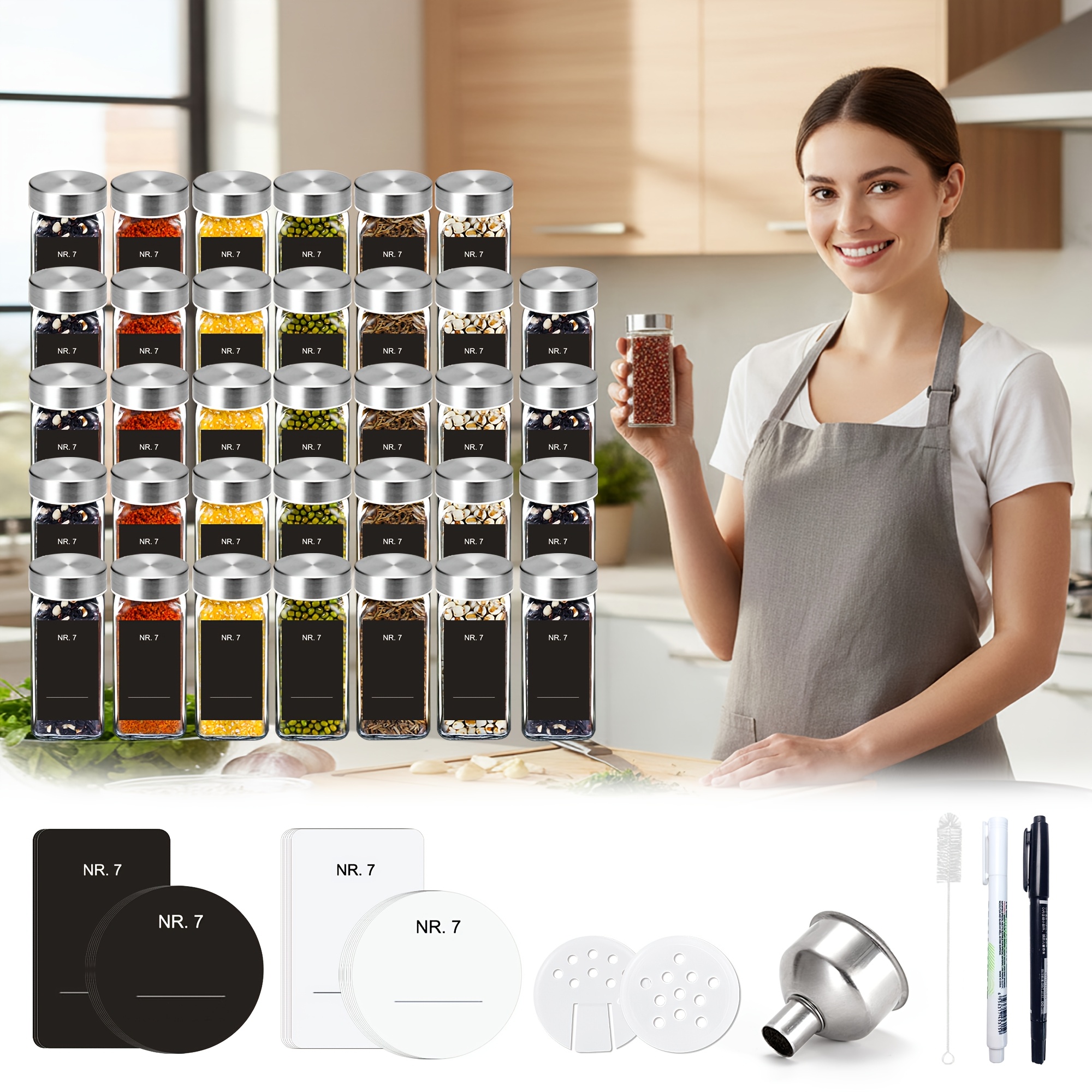 Image of 35pcs Square Spice Jar Set With Stainless Steel Lids: Airtight And Leak-proof, Reusable Spice Containers With Labels, Pen, Funnel, And Brush | Ideal For Kitchen Organization, , And Meal Prep