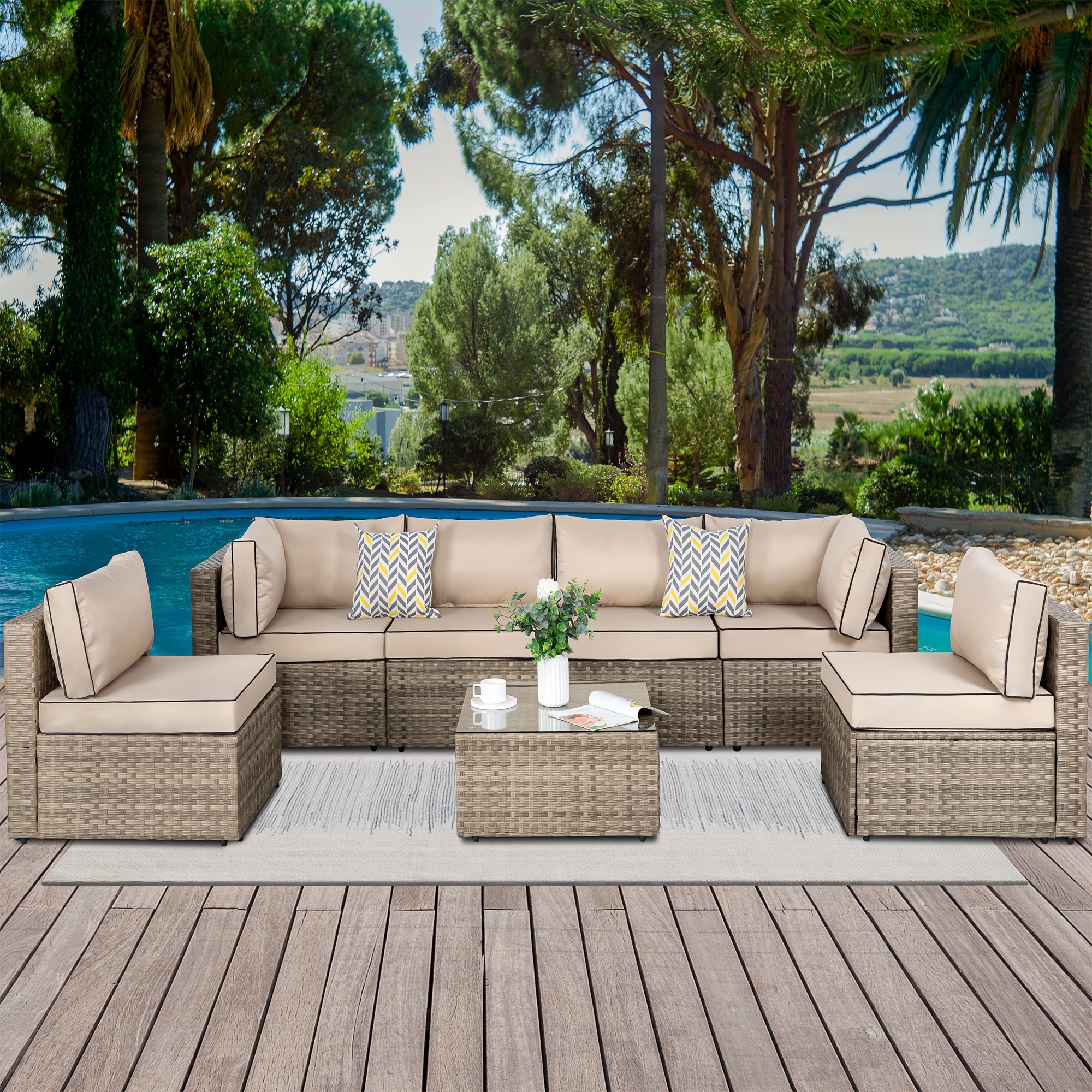 

Jamfly 7 Piece Outdoor Patio Furniture Sets, Pe Rattan Wicker Sectional Patio Sofa Couch With Tea Table & Washable Cushions