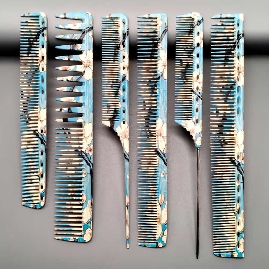 TEMU Ensemble de brosses à cheveux 6 pièces, spécial coiffeur, peintes, style floral, peigne à texture spirale, matériau durci et épaissi durable,