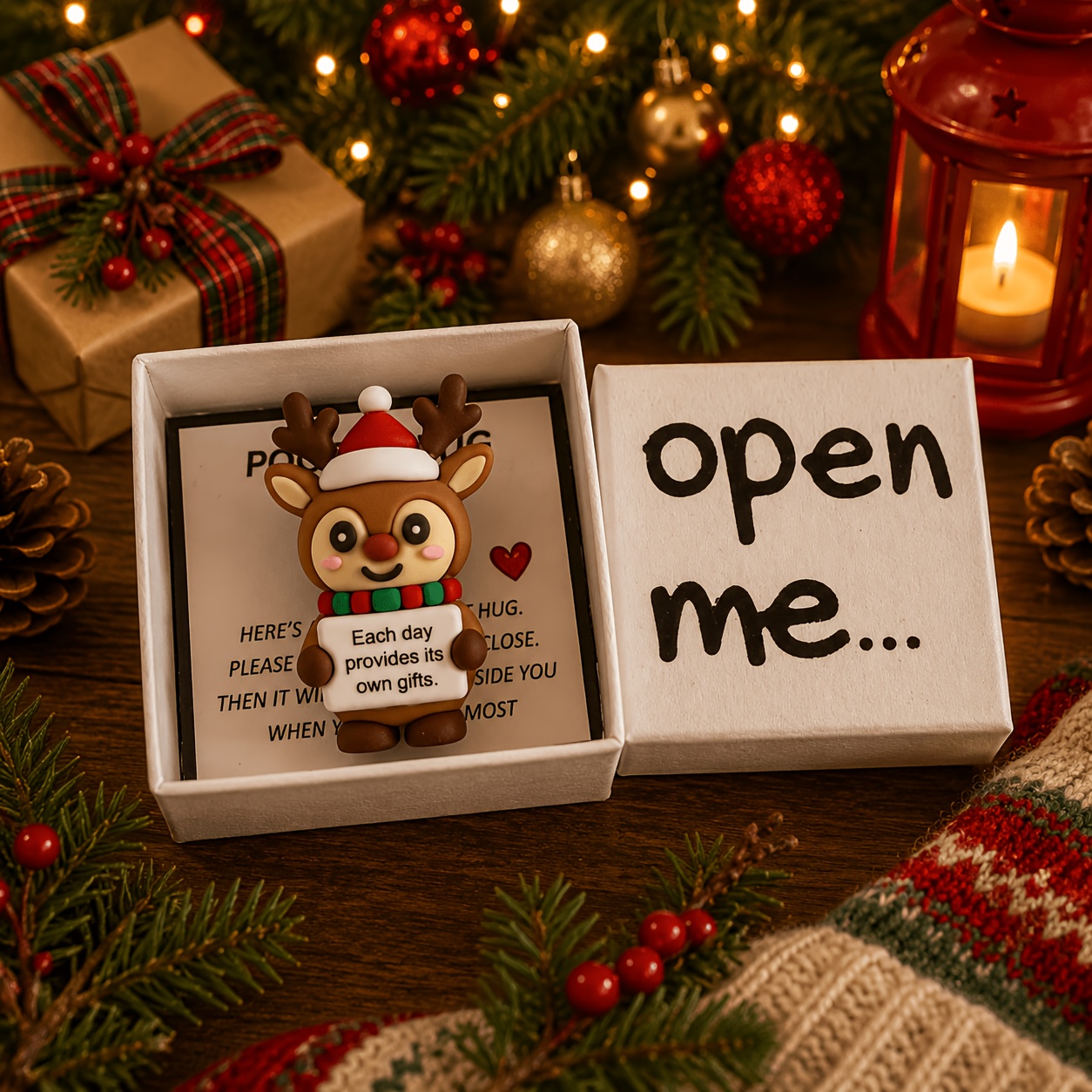 TEMU Adorable Christmas Reindeer Pocket Hug Gift Box, " Day Has Its Own Gift" Mini Reindeer Ornament, With Encouragement Card And Gift Box, Suitable