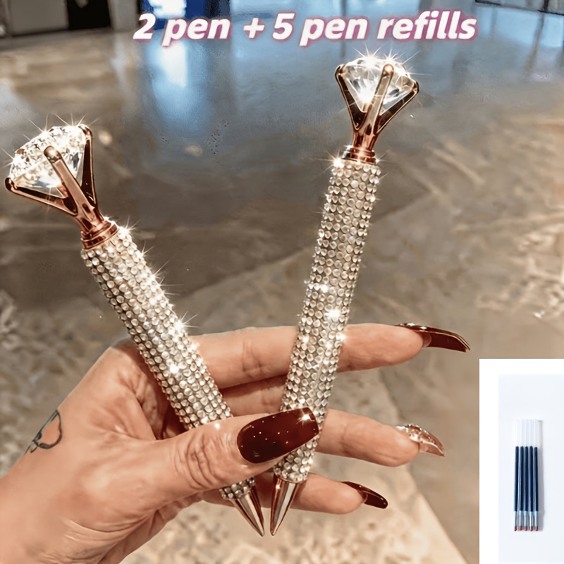 TEMU 7pcs Light -drill Ballpoint Pen Set, 2 Pens + 5 Refills, Shiny Artificial Diamonds, Creative Gift Writing Pen, Stylish Writing, Premium