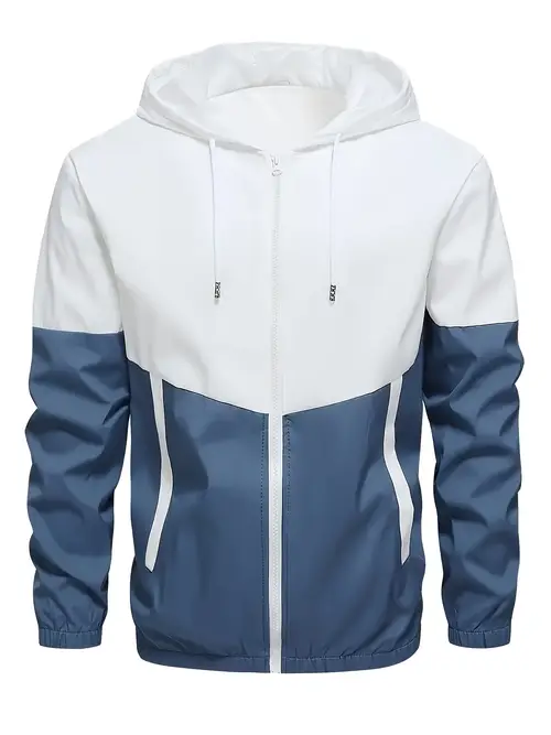 남성용 캐주얼 스포츠 트랙수트 세트 - 컬러 블록 후드 재킷과 바지, 폴리에스테르, 세탁기 사용 가능, 사계절용, 트랙 팬츠, obm, 2피스, 패션 트렌드