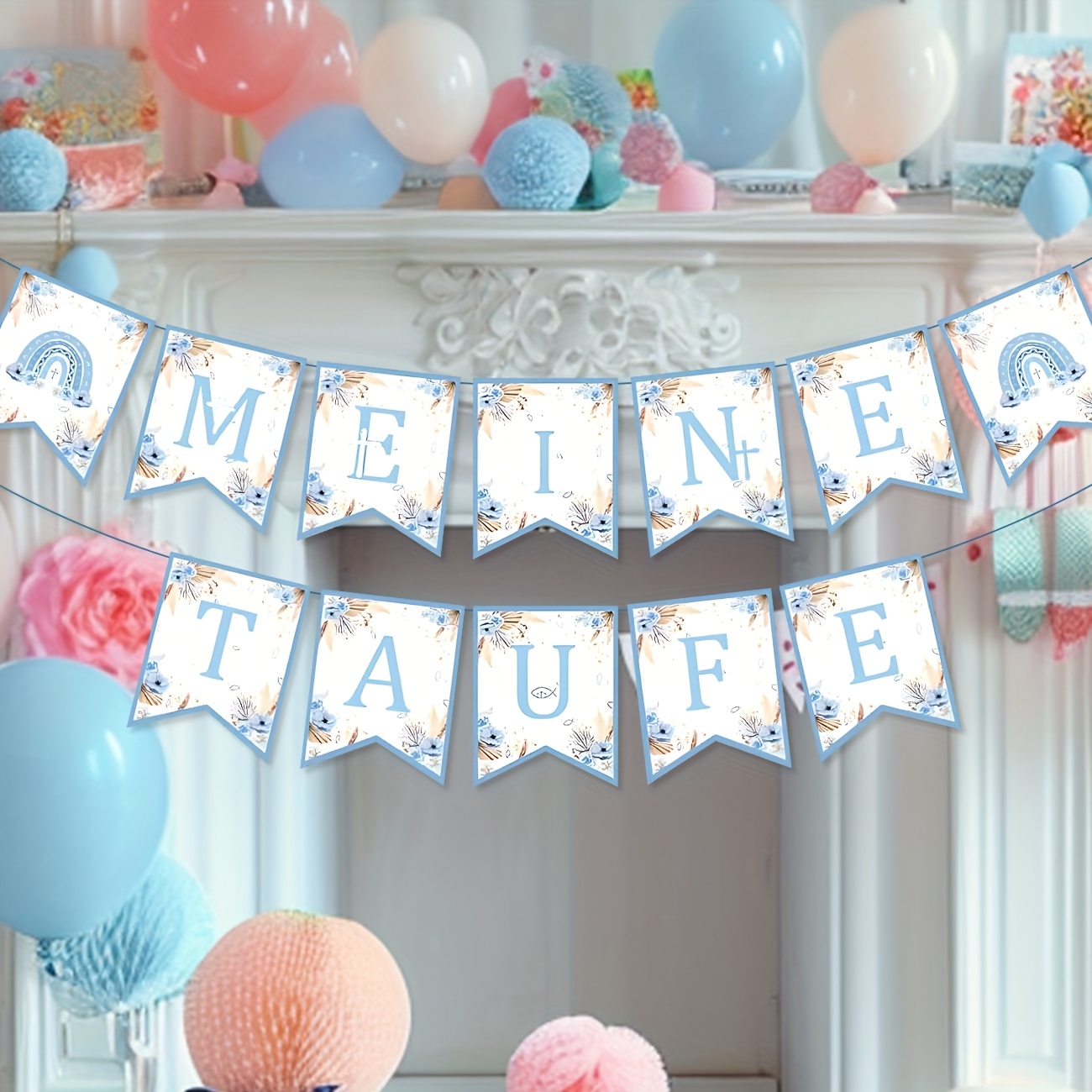 2pcs Baptism Garland "my Christening" Decor For Boys, Blue First Communion Baptism Party Decoration, Hanging Triangle Flag Party Banner For Baby Shower And Baptism Decorations