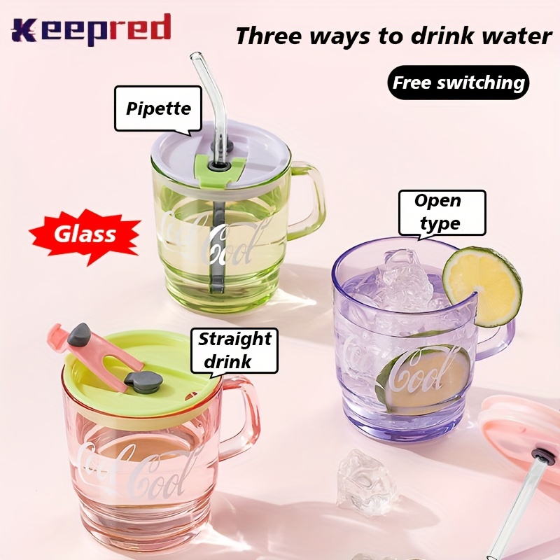 

1pc Keepred 350ml Clear Glass Cups Coffee Cup With Lid And Straw, For Outdoor Camping, Cycling, Sports, Birthday Gifts