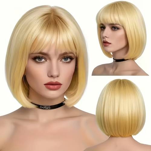 golden short straight wig with bangs cosplay suitable for halloween costumes or daily wear this 12 inch heat resistant synthetic wig is designed for women