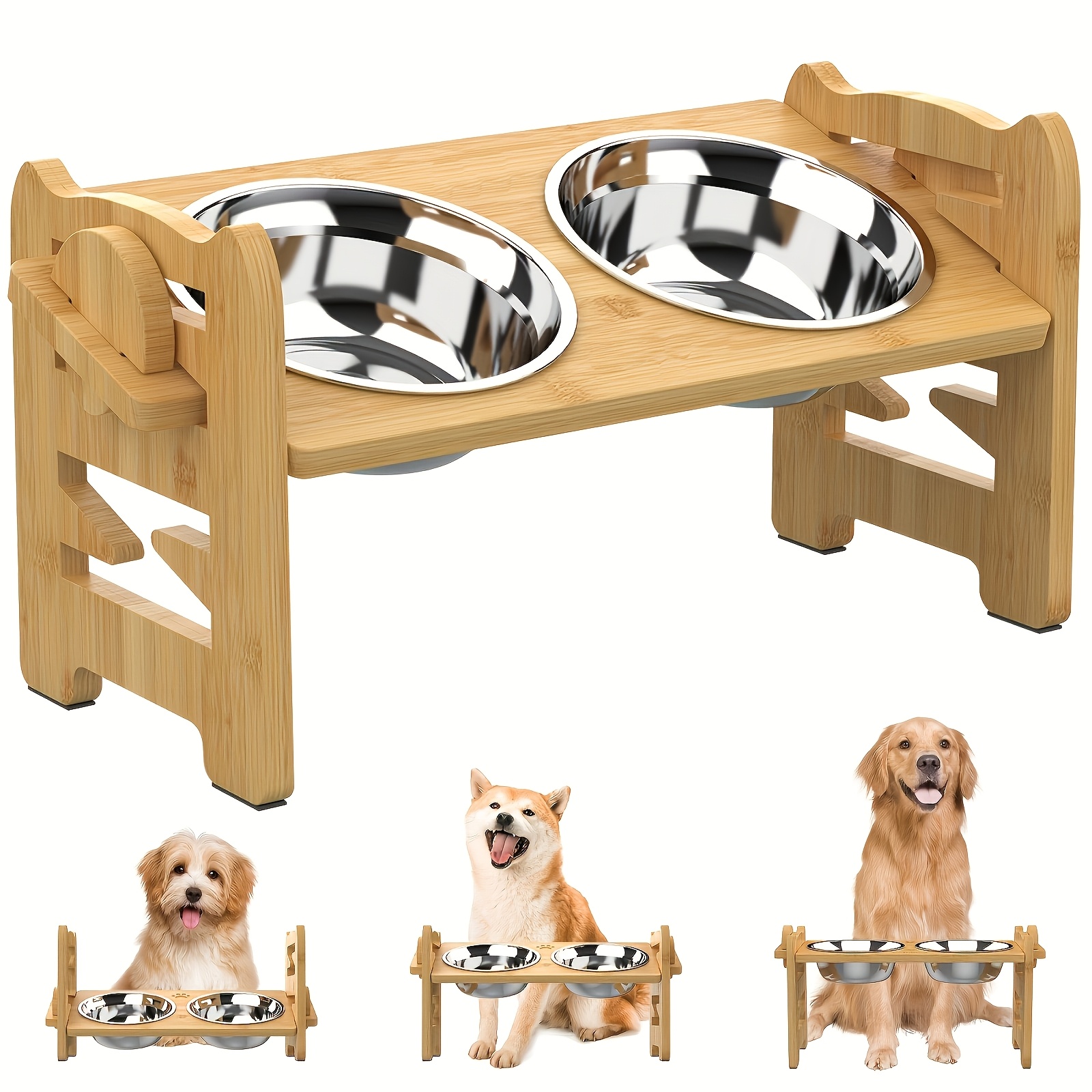 TEMU Cuenco de bambú elevado para comida de perro, para de perros medianas y grandes. 4 cuencos elevados para comida de perro ajustable, 2 cuencos