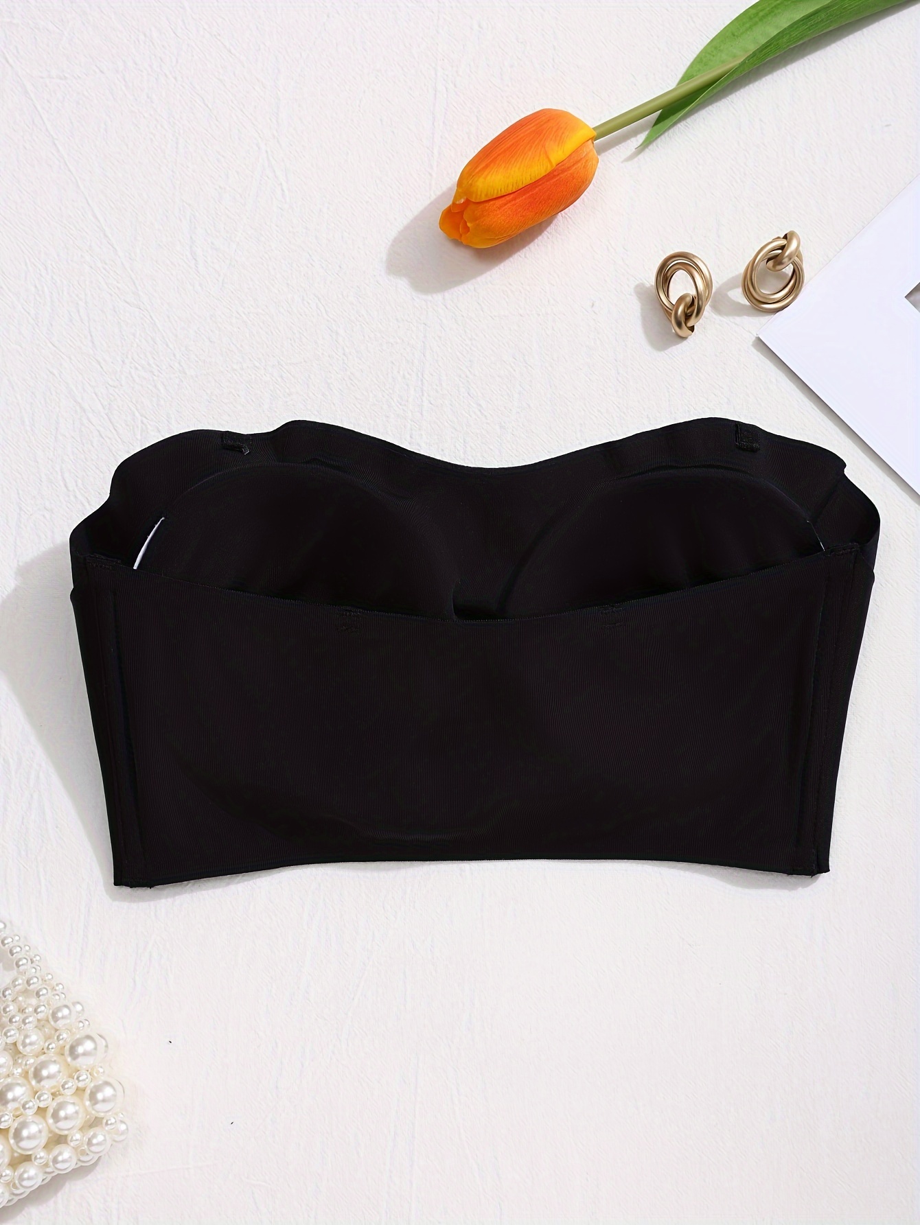 Elegant Solid Color Seamless Strapless Bralette - Removable Pads, Wireless, No Underwire, Adult Size, Stylish Beige with Crystal Detail, Perfect for Everyday Comfort, Comfort Bra|Seamless Bralette|Wireless Bra