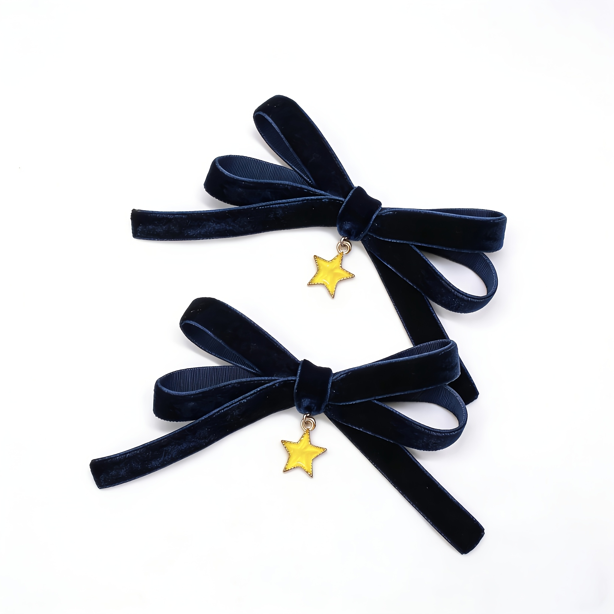 TEMU 2pcs Navy Velvet Bow Hair Clips With Yellow Star Pendant, Girly Jk Uniform Style Hair Additions