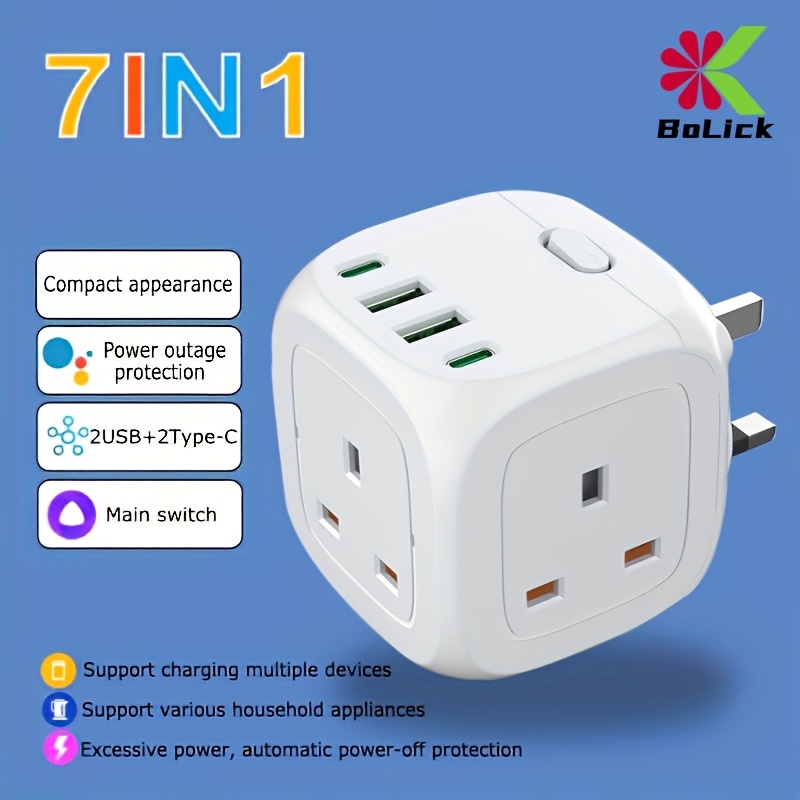 TEMU New Multifunctional Power Board/power Socket/wall Socket, Equipped With 3 Ac Ports, With (2 Usb-a) (2 Type-c), Multifunctional Conversion