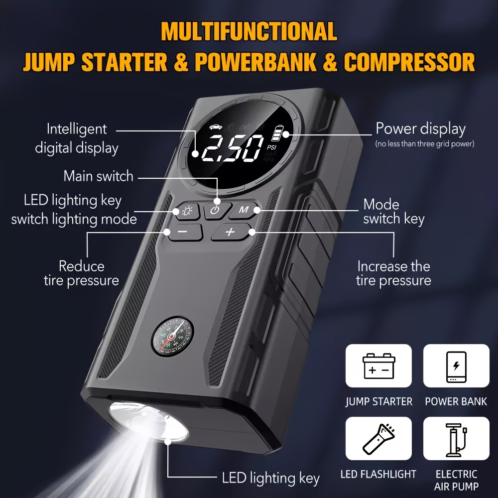 5 in 1 portable car jump starter kit with air compressor tire inflator led flashlight power bank 3   flashlight lcd display wireless emergency battery charger for on the go   Product details 1