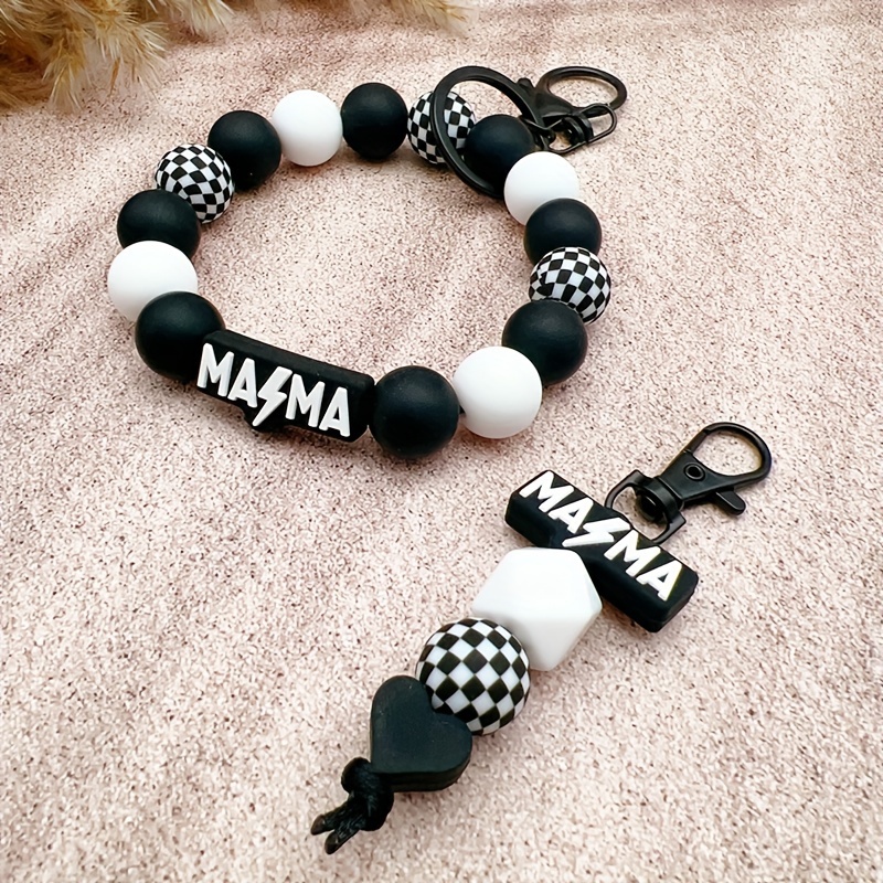 

Mama" Lightning Bolt Silicone Keychain With Black & White Checkerboard Beads - , Stylish Accessory For Bags & Cars - Ideal Day Gift