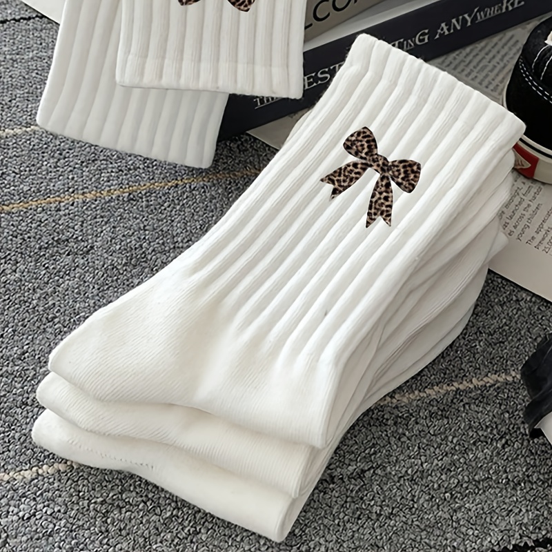 TEMU 3 Pairs Women's Mid-calf Socks, Leopard Print , Easy Versatile Solid -match Athletic Socks - Lightweight Comfortable, Suitable For Running And