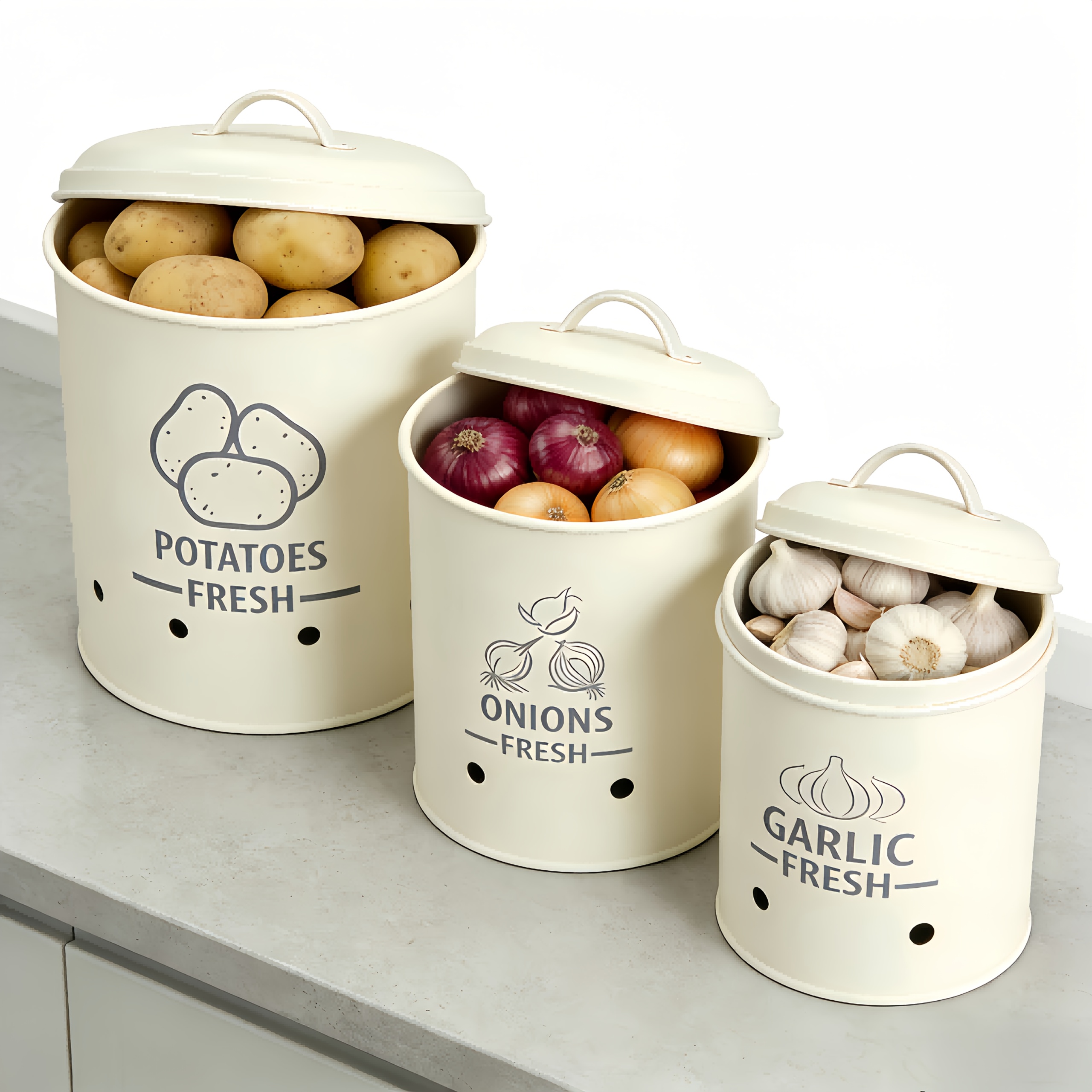 3pcs Potato, Onion And Garlic Canister Food Storage Containers, Kitchen Vegetable Storage Jars, , Vegetable Baskets, Easy To Store (black) (white)