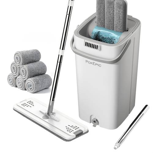 item picture 1 set with 6 replaceable microfiber pads household mop and bucket set hands free mop flexible rotating flat mop wet and dry cleaning bucket cleaning supplies cleaning tools