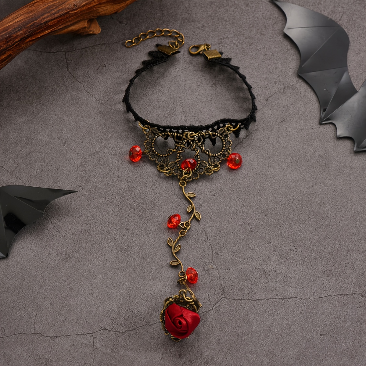 TEMU Women's Gothic Ring Bracelet, Vintage Black Lace & Red Rose Finger Bracelet, Punk Lace Floral Wristlet With Red Accents Wear & Party Occasions
