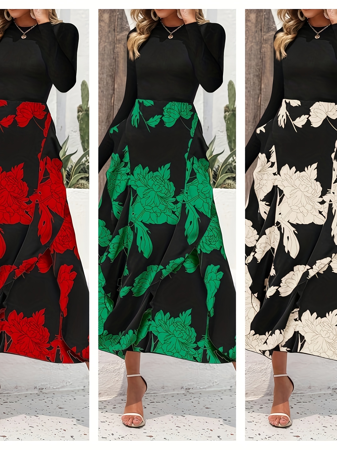 Women'S Elegant Floral maxi dress - Long Sleeve A-Line Formal & casual party gown, Black & Floral Print, for Weddings, Cocktail Events, Everyday Outfits - ZD0529107, Dresses for Wedding Guest, Wedding Guest Attire, Round Neckline, Flowy Skirt Style, Evening Wear, Lightweight Fabric, Bridal Guest Outfit