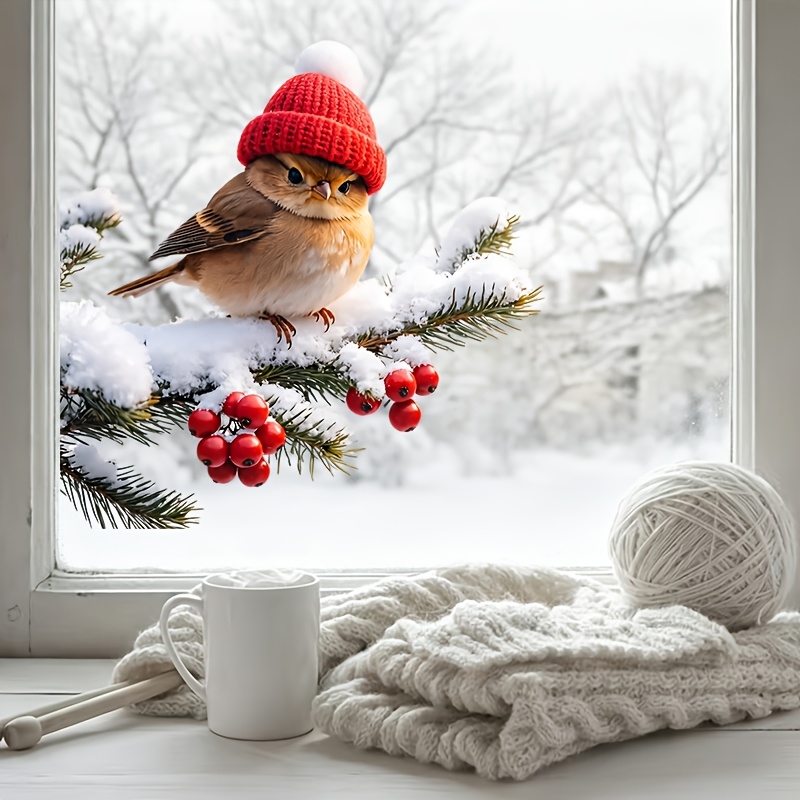 TEMU Autocollant de fenêtre oiseau d'hiver, oiseau avec en tricot sur branche de pin enneigée avec rouges, adhésif pour vitre, décoration animale de