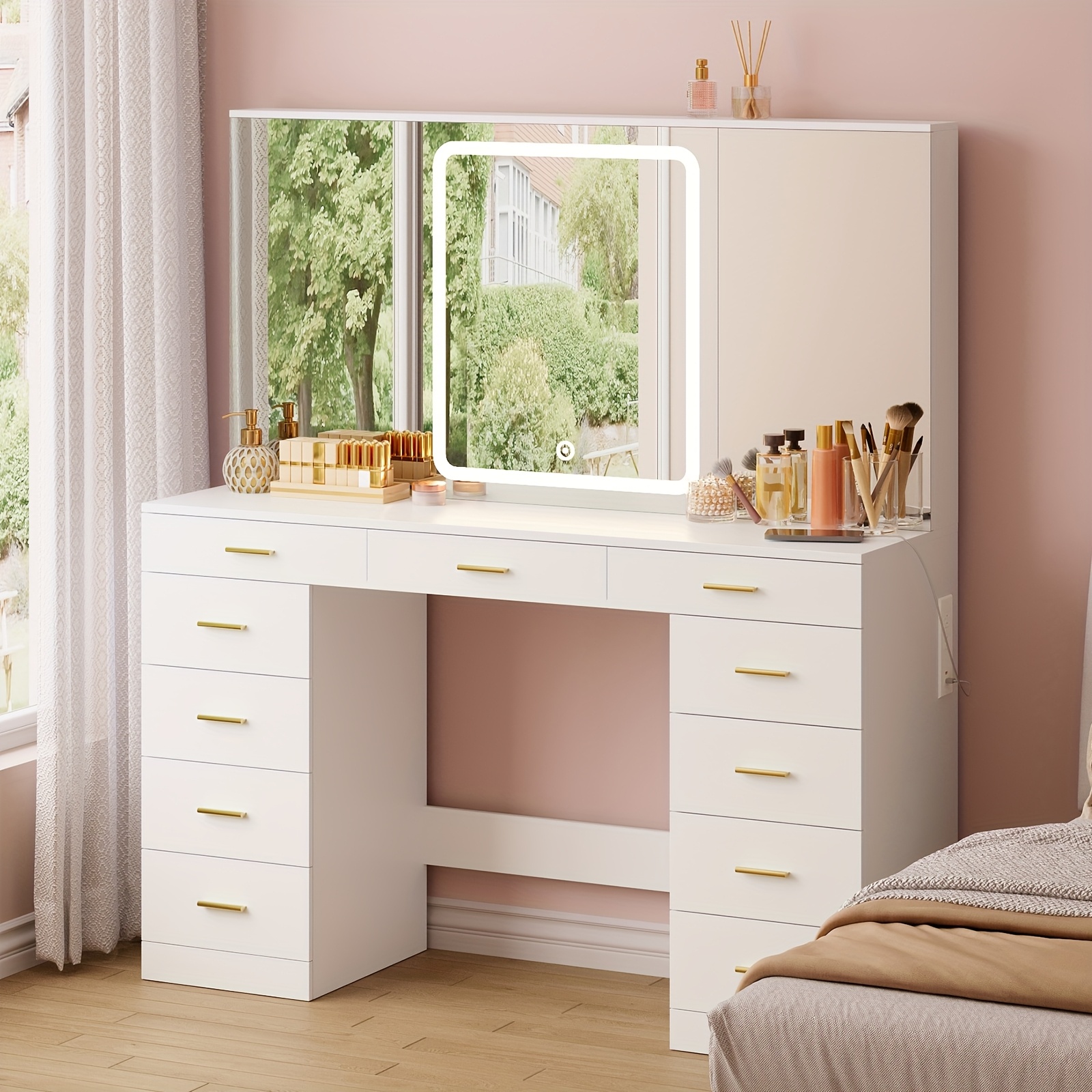   makeup table with a   and lights featuring 11 storage drawers and hidden shelves a white makeup table   with a charging station 3 adjustable led lighting   suitable for  