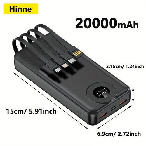 10000 20000mah power bank built in 4 in 1 usb type c cable universal multi output charger rechargeable lithium polymer battery emergency portable charger