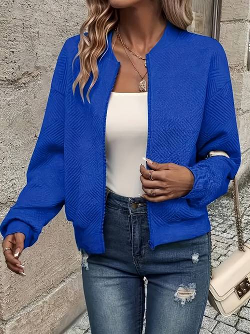 new fashionable solid color zipper jacket with baseball collar casual womens outerwear