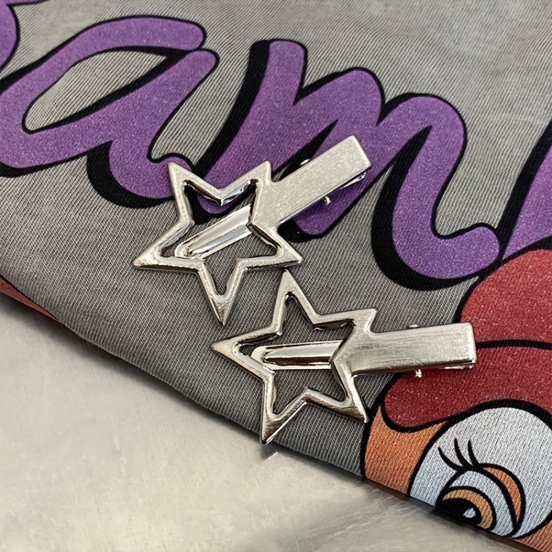 Image of 2pcs Y2k Style Silvery Star Hair Clips, Durable Alloy Duckbill Clips Perfect For Sweet And Cool Ladies And S, Gift For Eld, Gift For Ramadan