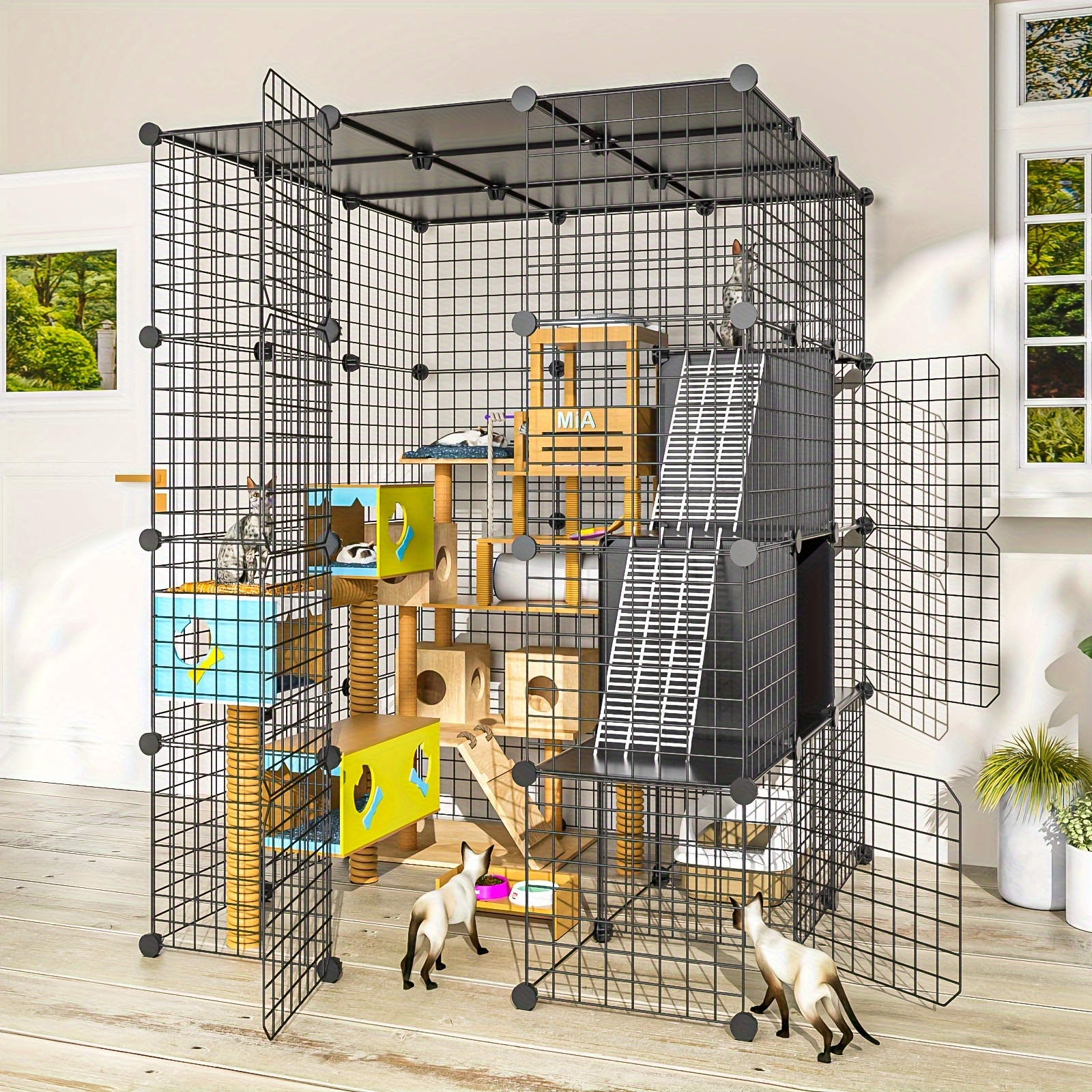 TEMU Large Cat Cage Indoor With Storage Cube Outdoor Cat Enclosure Indoor Metal Wire Kennels Detachable Cat Crate Playpen 3x3x4 Kitty Cage With Platform For 1-3 Cats