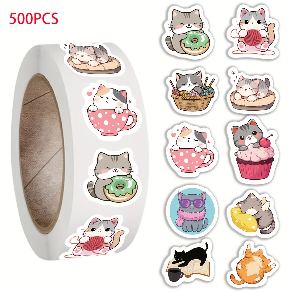 500 Sheets/roll Cartoon Cat Fun Creative Washi Tape Self-adhesive Journal Skateboard Notebook Creative Sealing Tape Stickers