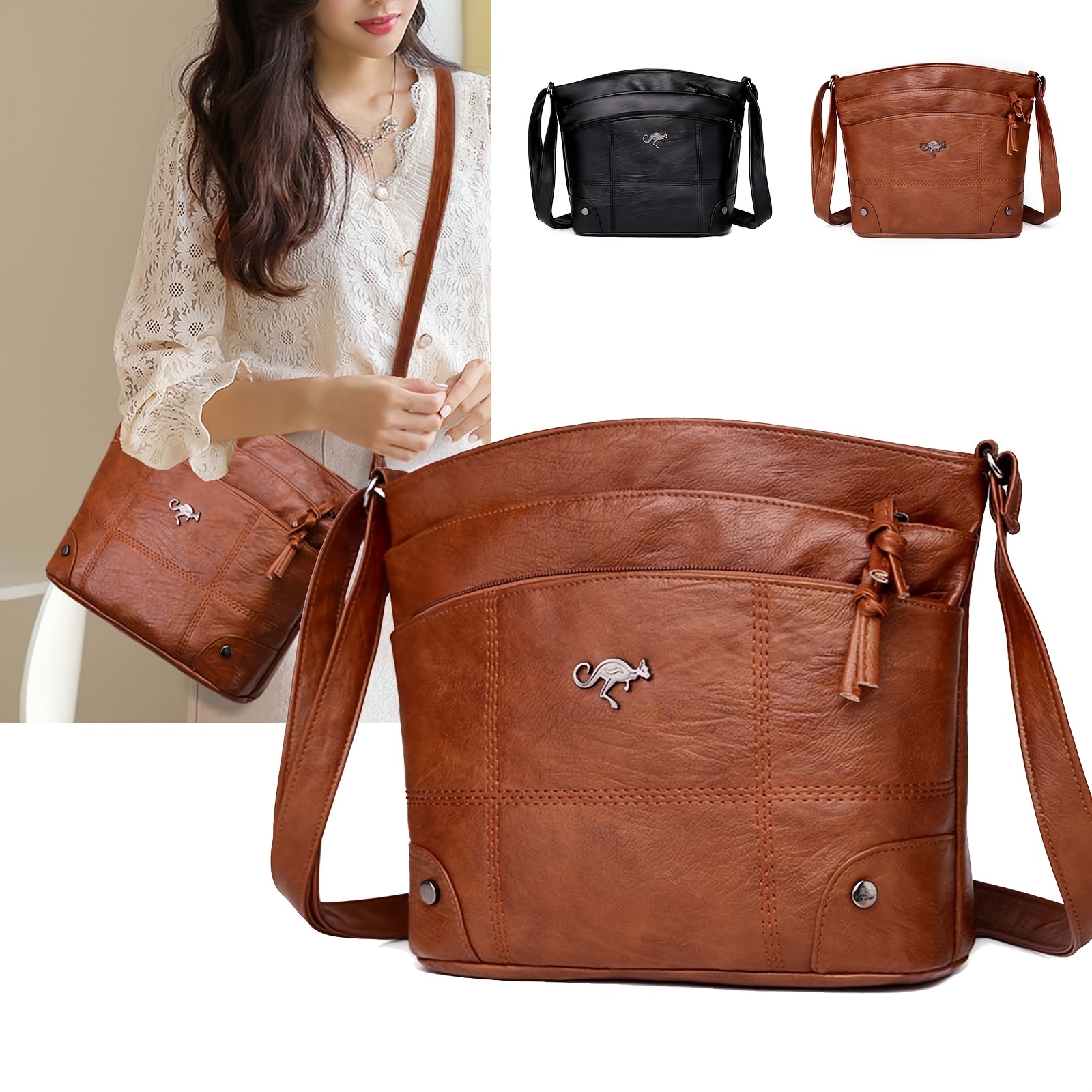 

Sac Bandoulière pour Femme d'Inspiration Vintage - Sac à Épaule en Cuir Synthétique Léger avec Sangle Réglable, Fermeture Éclair, et de Cheval en Relief en Marron ou Noir, Sac Bandoulière