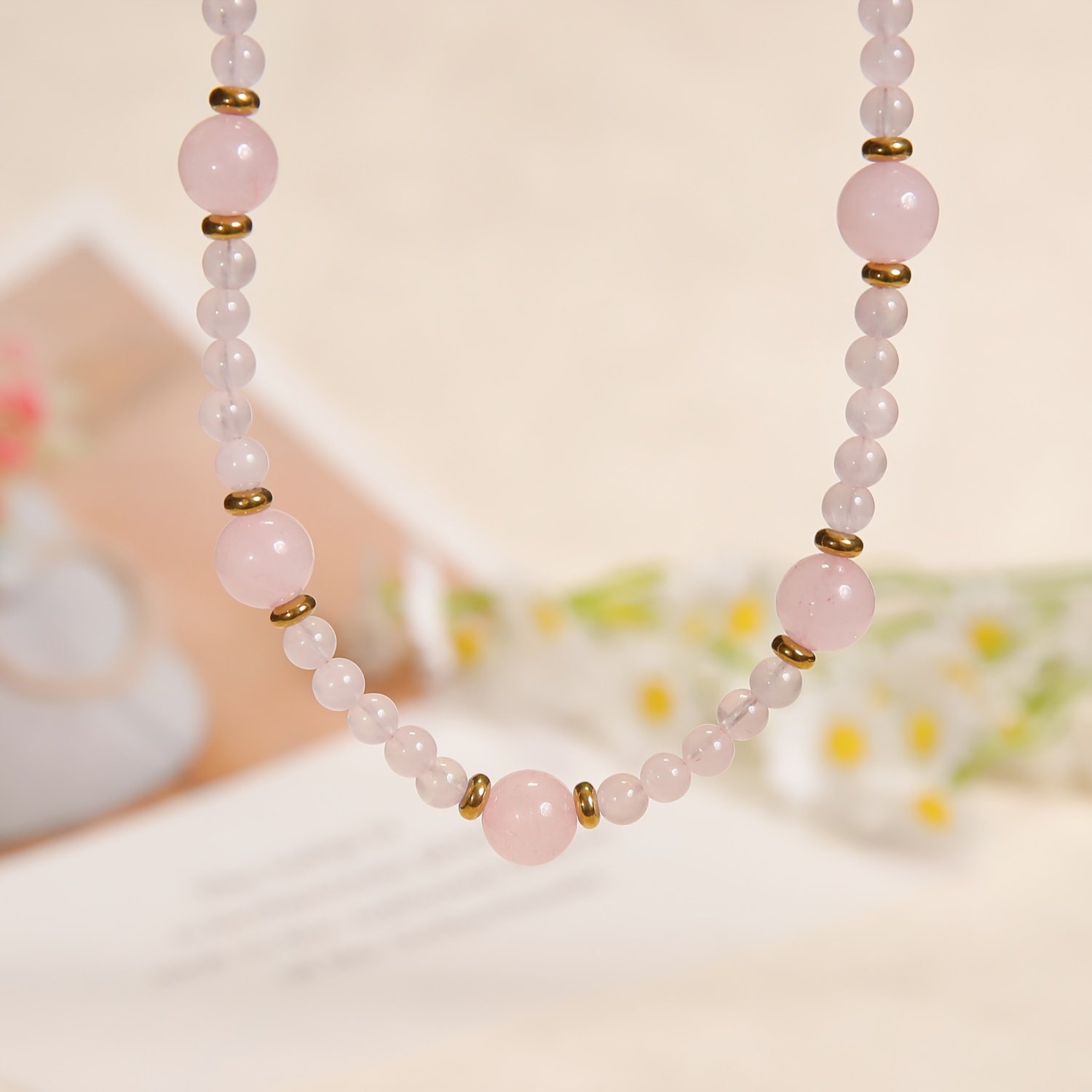 Women's Sweet Graduated Rose Quartz Bead Choker Necklace