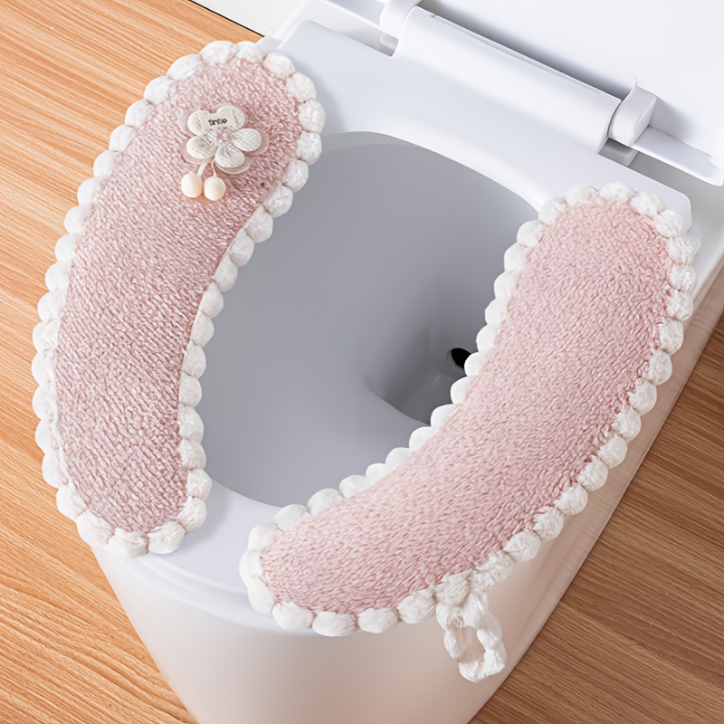 2 pack coral fleece toilet seat cushions single   4 point fixed installation white trim portable handle hand washable universal fit
