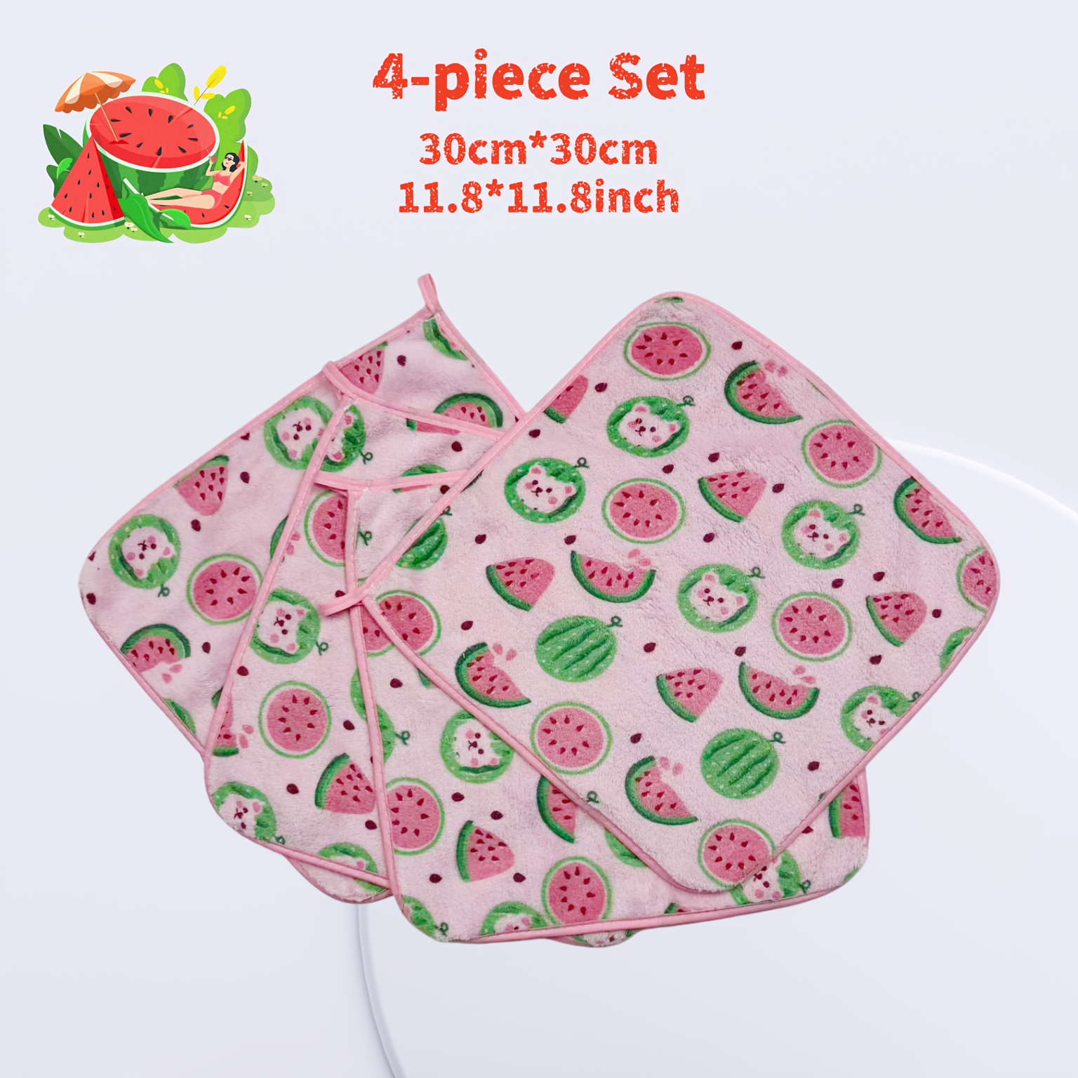 E-shop Ein Set aus 4 Reinigungstüchern mit Wassermelonen-Print, hergestellt aus weichem Korallenfleece, das die Haut sanft behandelt, schnell trocknend