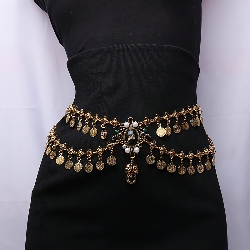 

Bohemian Style Coin Tassel Belly Dance Waist Chain For Women, Alloy Vintage Jewelry, Elegant Concho Belt For Everyday Wear