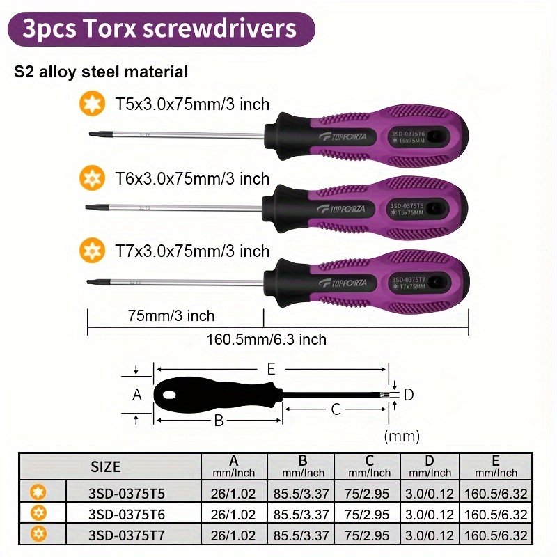 ASSORTIMENT DE 6 TOURNEVIS TORX AVEC TROU DE CENTRAGE T5/T6/T7/T8