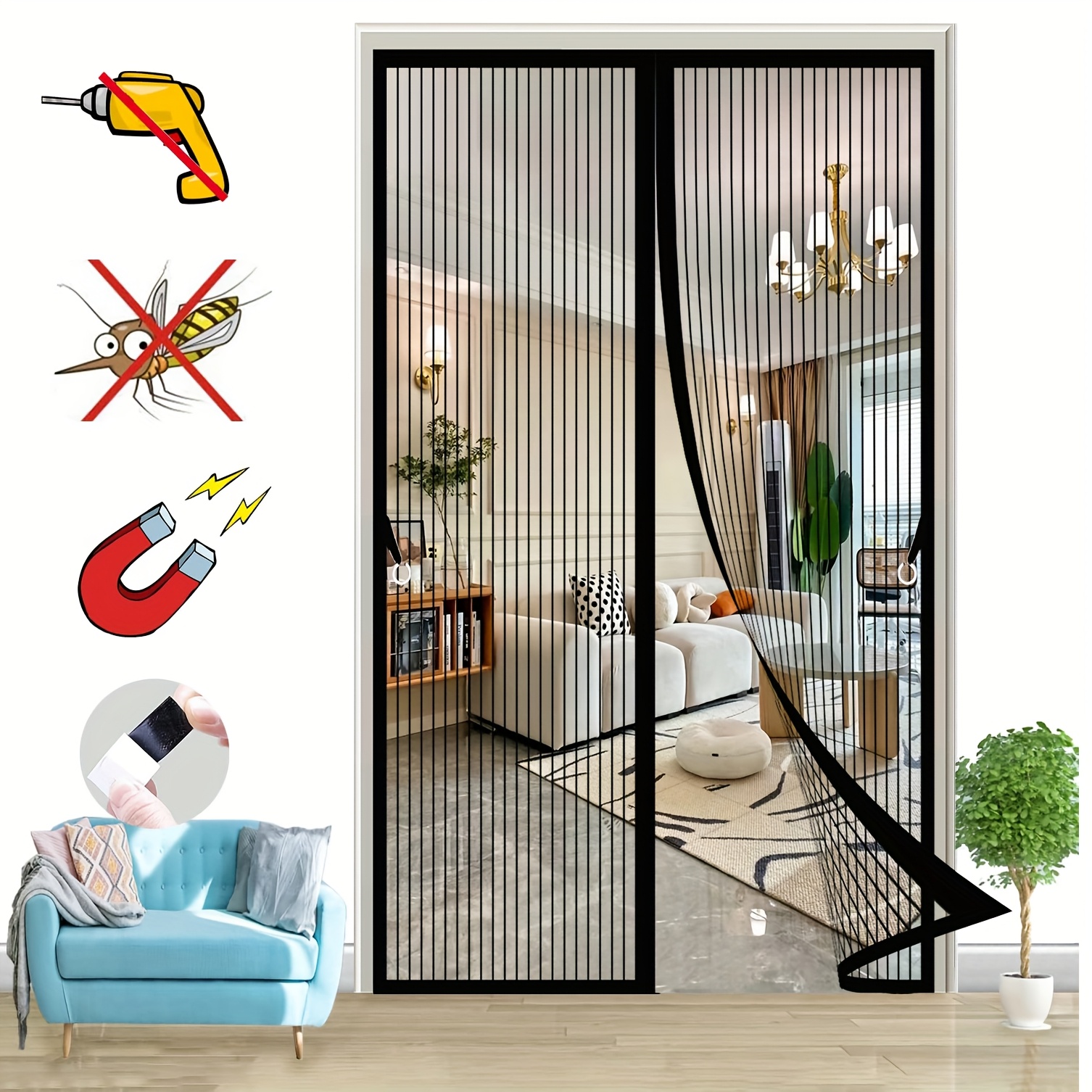Automatic Magnetic Sliding Door Curtain with Sheer Mesh Panels - No Drill Installation Suitable for Outdoor/ Use, Magnetic Closure Screen for Balcony, Bedroom Doors, Tape Hanging System, -Resistant Panel Divider