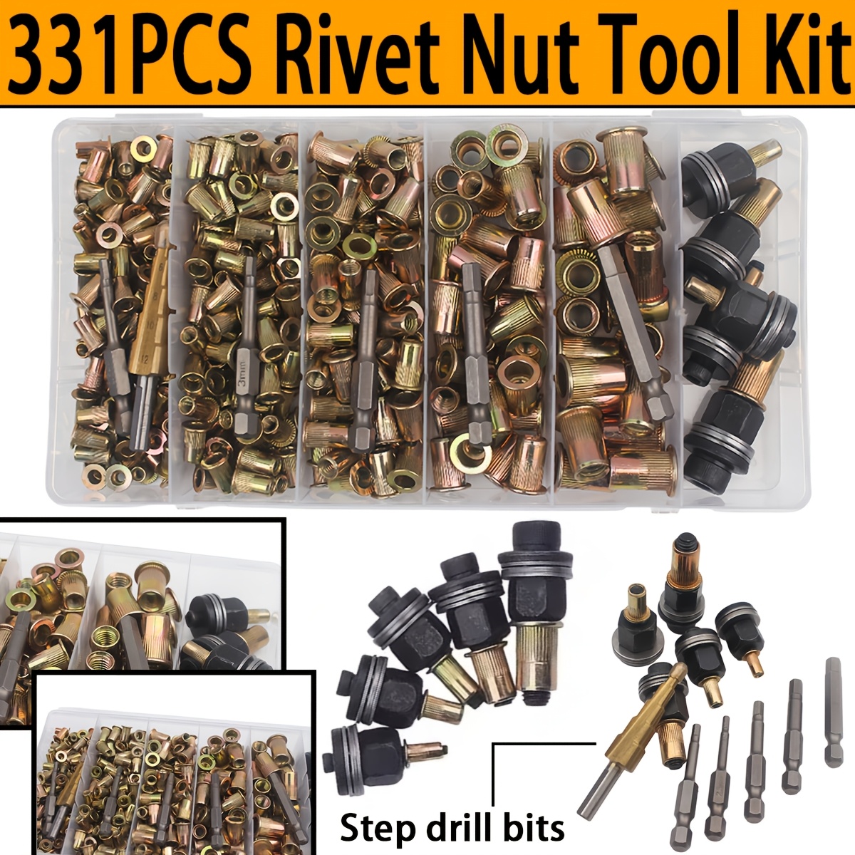 TEMU 331pcs Rivet Nut Tool Set, M3-m8 -plated Pull-through Nuts + Electric Hex Adapter Shaft, Rivet Nut Gun Head Accessories For Electric Drills,