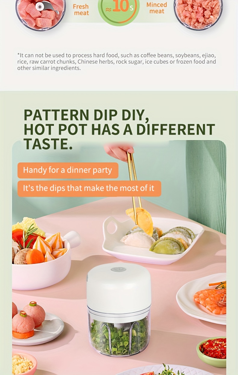 Picadora de ajo eléctrica portátil mini recargable por USB de 100/250 ml - Para picar ajo, jengibre, chile, cebolla, carne