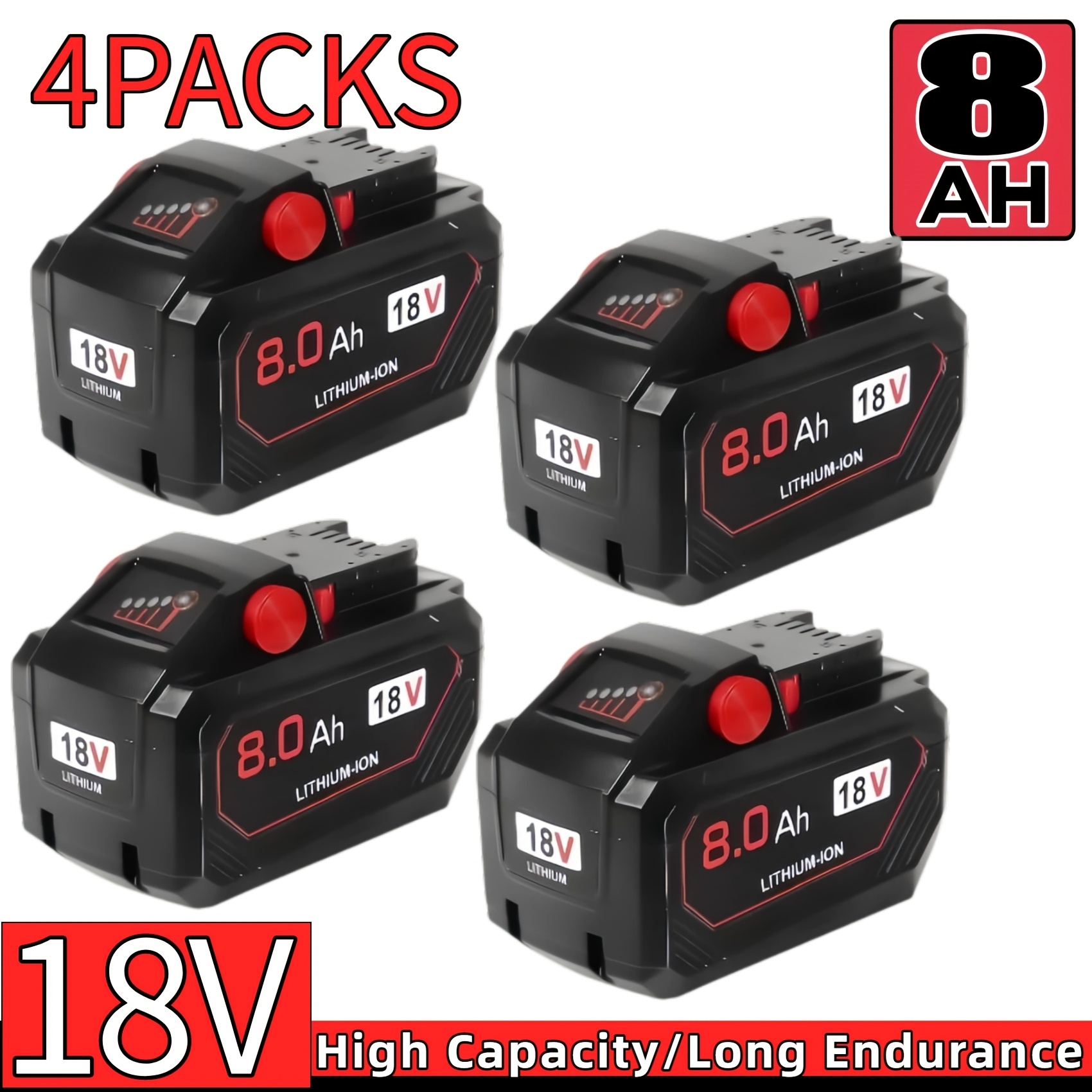 TEMU 4 pièces Batterie de Remplacement Lithium-Ion 18V 8.0AH Compatible pour Perceuses Fil, Scies, Meuleuses, Visseuses à Chocs Adaptée pour