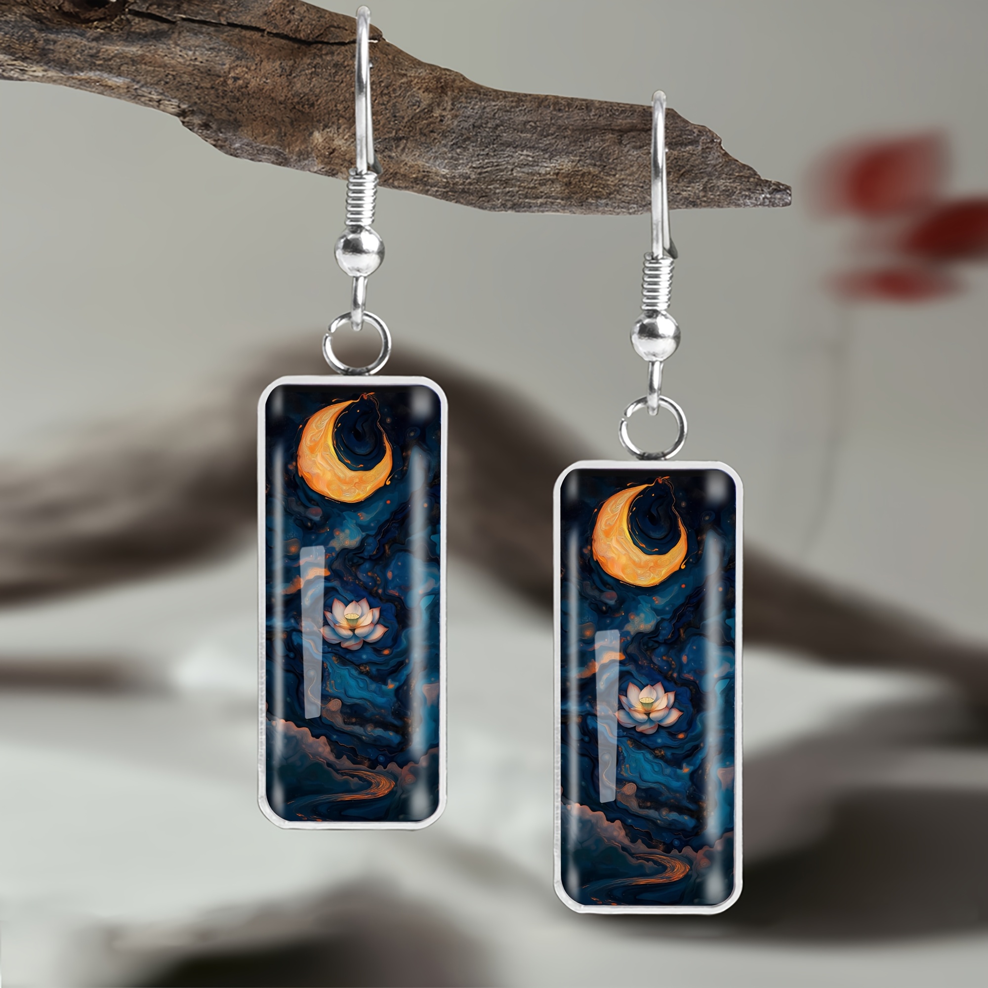 Golden Crescent Lotus Pattern Long Earrings, Unisex