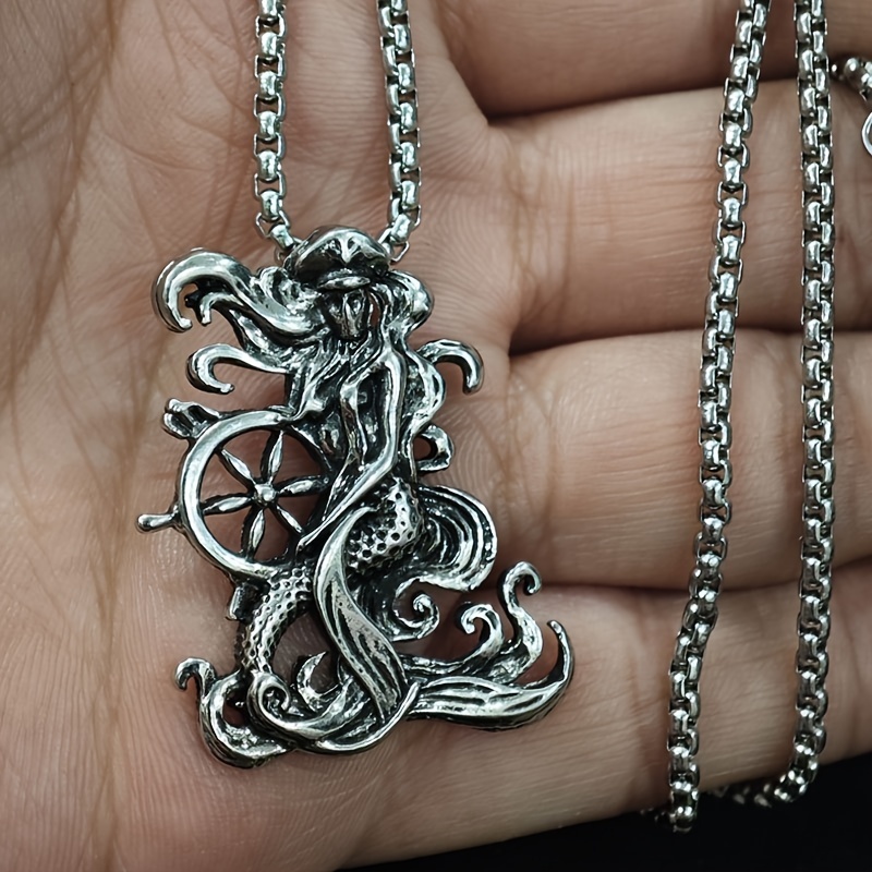 Vintage Mermaid Pirate Ship Pendant Necklace Stainless Steel Chain Men's Creative Hip Hop Accessories Punk Versatile Party Jewelry Birthday Gifts Holiday Gifts