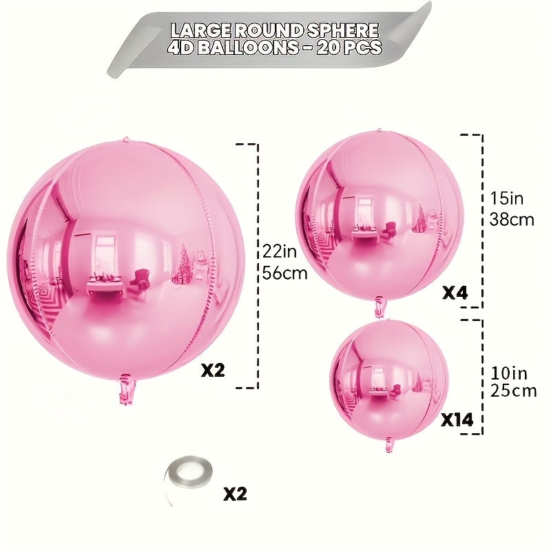 TEMU Set Of 22 Pink Metallic Mirror End Decorative Balloons (20 4d Balloons + 2 Ribbons) Perfect For Celebrations And Party Decor. Float When Filled