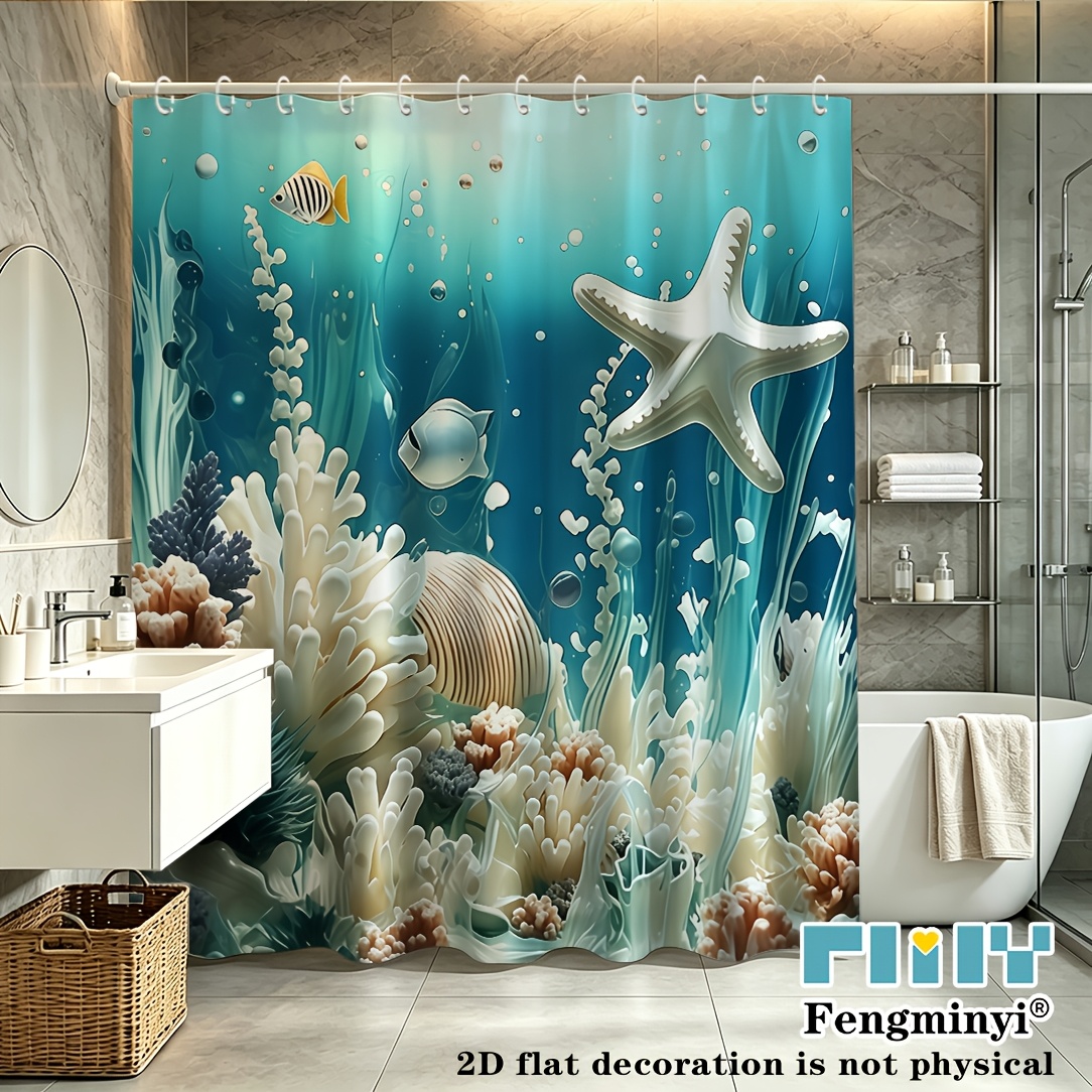 TEMU 2d Flat, 2d Flat, 2d Curtain 1pc, Sea Star Pattern Printed Curtain, High-end Elegant Bathroom Curtain, Suitable For Home Decor, Polyester Fabric