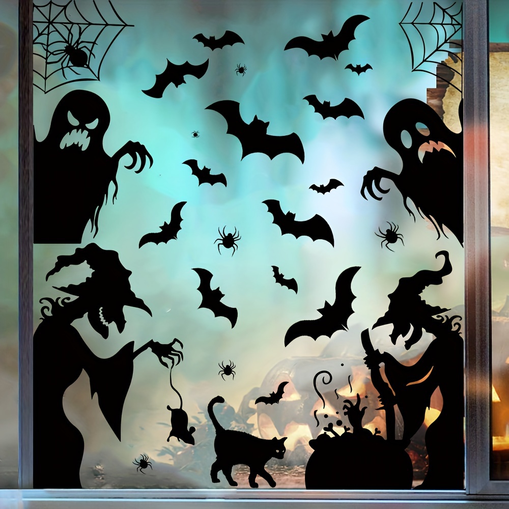 

Vintage , , Spiderweb, Bats & Cat Pvc Wall Decals - 3 Sheets/pack, Glossy Horror-themed Animal Print Window Clings For Party Decor, Self-adhesive & Detachable, Single-use Vinyl Mural