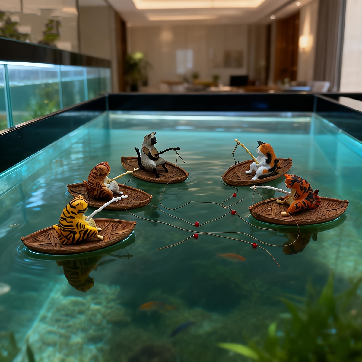 TEMU 5 Sets Of Cat Fishing Statues On A Boat, Made Of Durable Resin With Realistic Details. Perfect For Decorating Home Aquariums