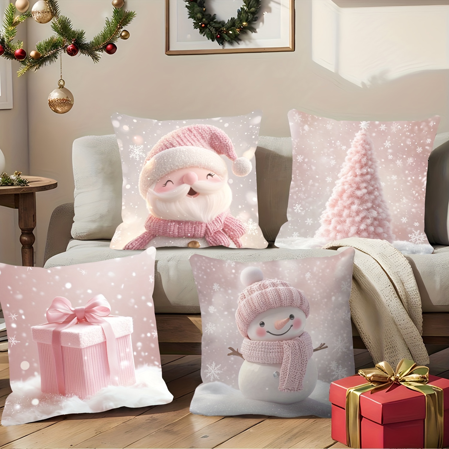 TEMU Contemporary Christmas Pillow Covers Set Of 4, Polyester Santa Snowman And Gift , Zippered 18x18 Inch Throw Pillow Cases For Couch, Bed - Home