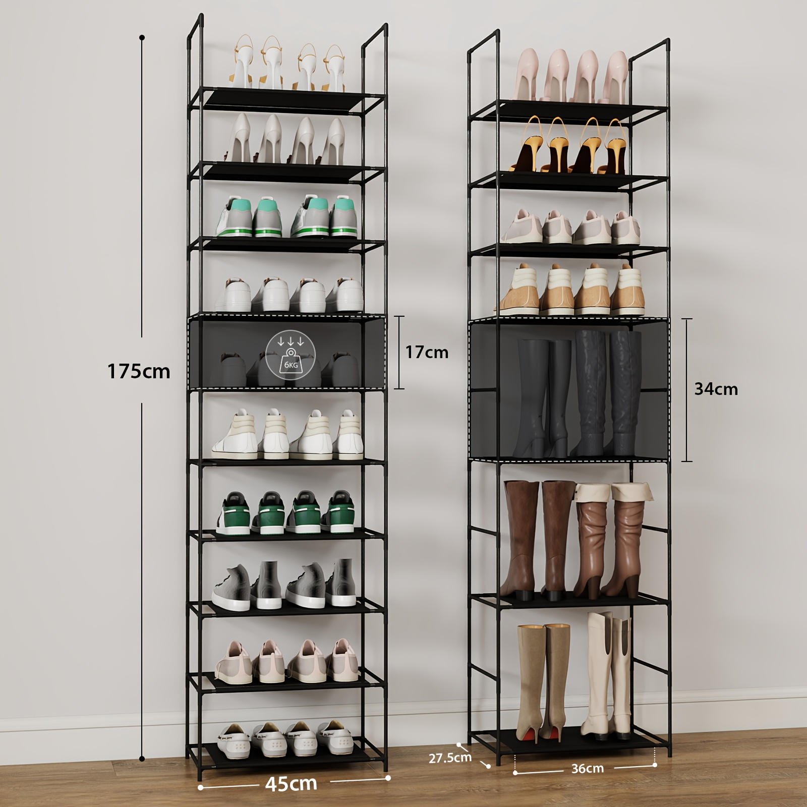 Image of Shoe Rack 10 Levels For Hallway And Changing Room, Space- And Narrow With Strong Metal Frame And Fleece, For Entrance Area, Bedroom, Removable Shelves, 6kg Per Level