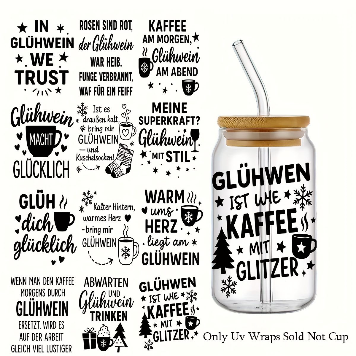 Image of 4pcs German Christmas Wine Cups Quote Themed Rub Ons Uv Dtf Transfer Stickers, With Mulled Wine Quotes Art Stickers, Suitable For, Cups, Bottles Diy Furniture, Glass, Glassware, Bottles And Crafts
